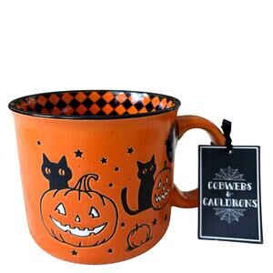 Cobwebs & Cauldrons Pumpkins Cats Ceramic Mug Orange 16oz Hand Painted NWT
